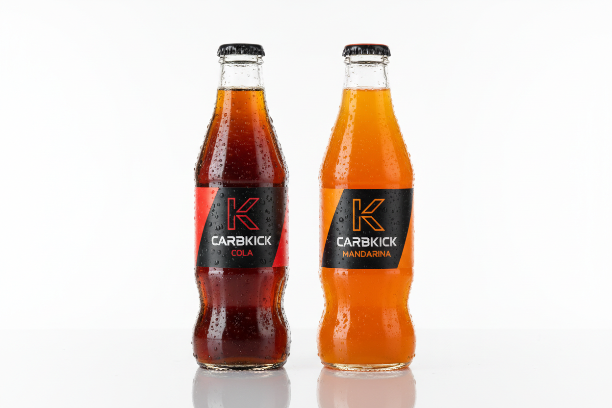 Beautiful shot of 2 glass bottles (Cola & Mandarina) with sparkly condensation, minimalist white background and carbkick labels